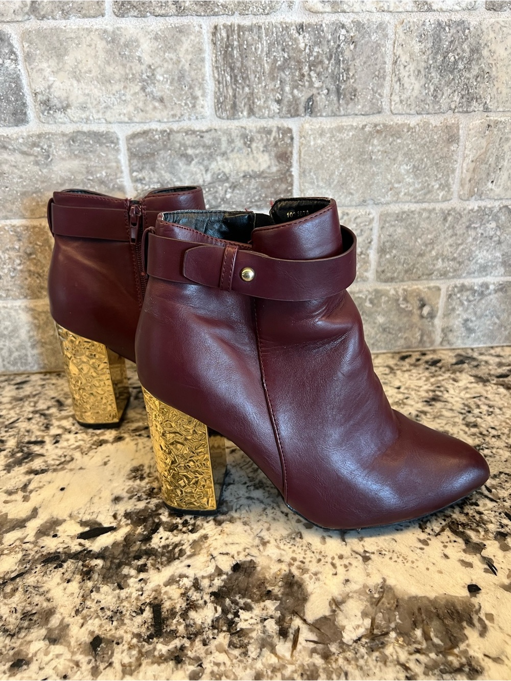 Charlotte Russe Burgundy Ankle Boots with Embossed Gold Block Heel